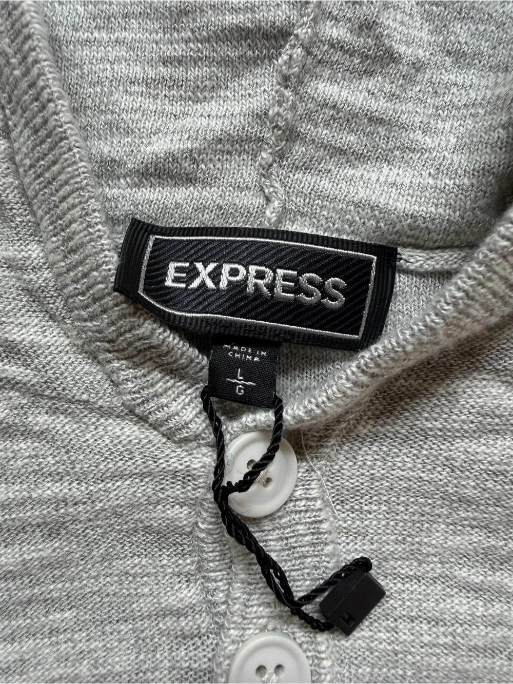 Express Men's Light Gray Hooded Sweater with Dark Gray Stripes - Picture 2 of 3